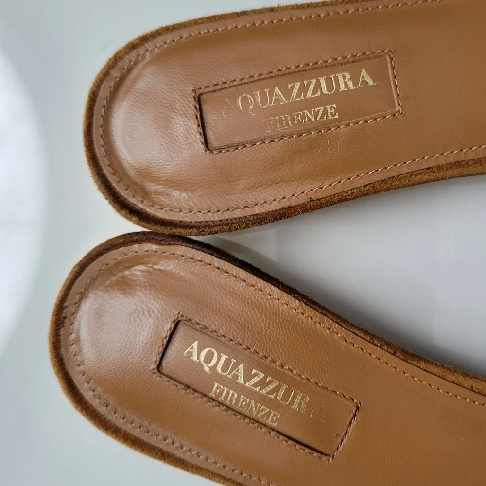 Aquazzura Italy Wild Thing Suede Flats Luxury Slide Sandals Brown EU 37